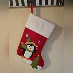 Red And White Christmas Stocking With Penguin And Christmas Tree
